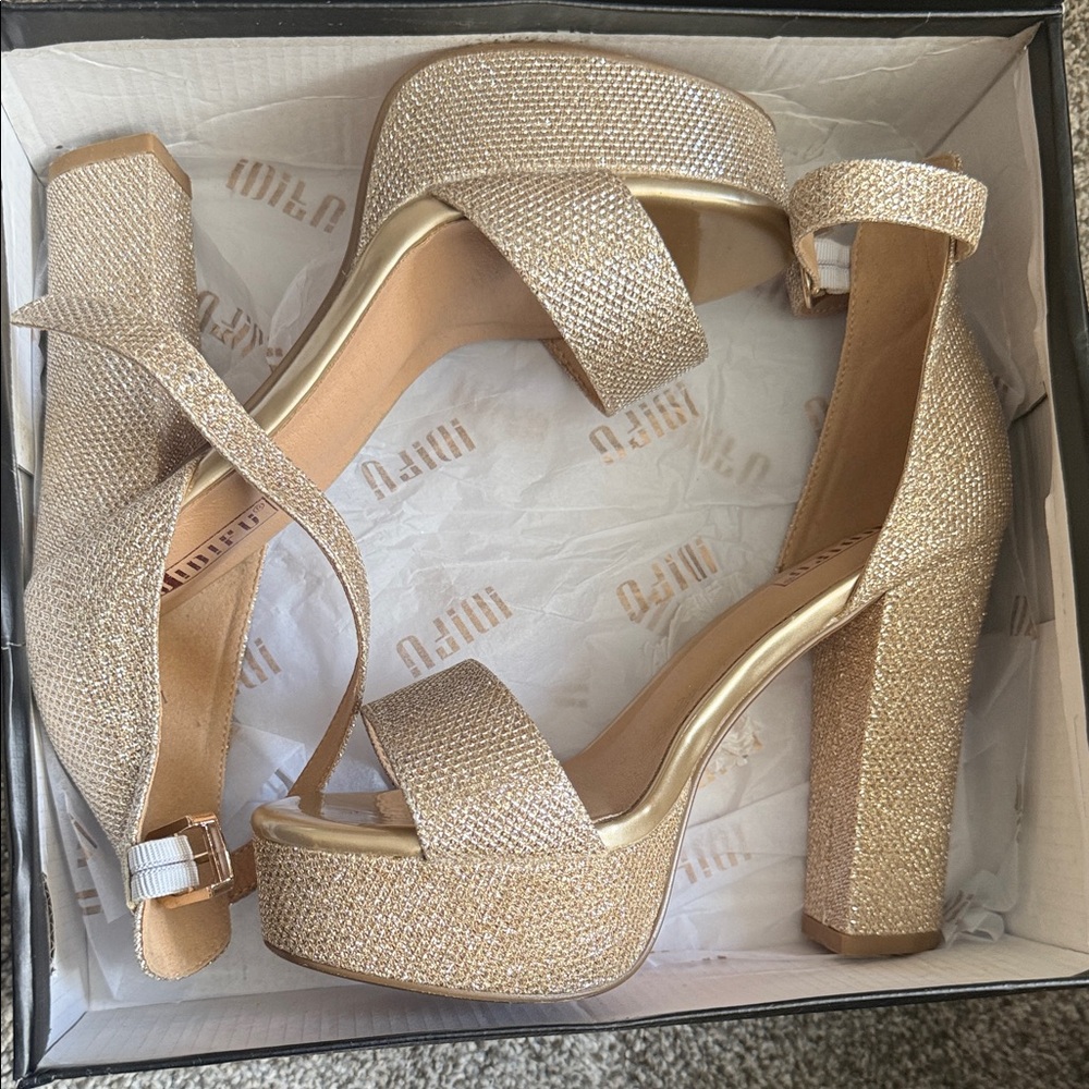 Gold Platform Block Heel Sandals - Elegant Evening Style